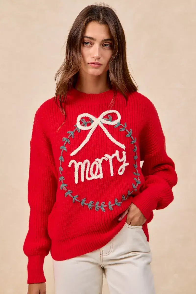 Red Christmas Wreath Merry Letter Knit Top - Festive Style, Sweaters, $ 55.00, A Moment Of Now™