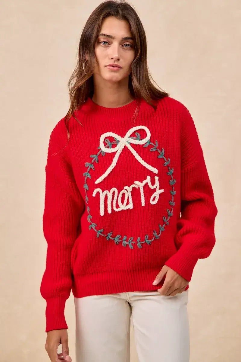 Red Christmas Wreath Merry Letter Knit Top - Festive Style, Sweaters, $ 55.00, A Moment Of Now™