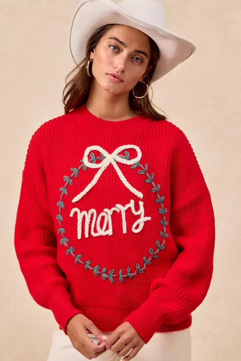 Red Christmas Wreath Merry Letter Knit Top - Festive Style, Sweaters, $ 55.00, A Moment Of Now™