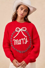 Red Christmas Wreath Merry Letter Knit Top - Festive Style, Sweaters, $ 55.00, A Moment Of Now™