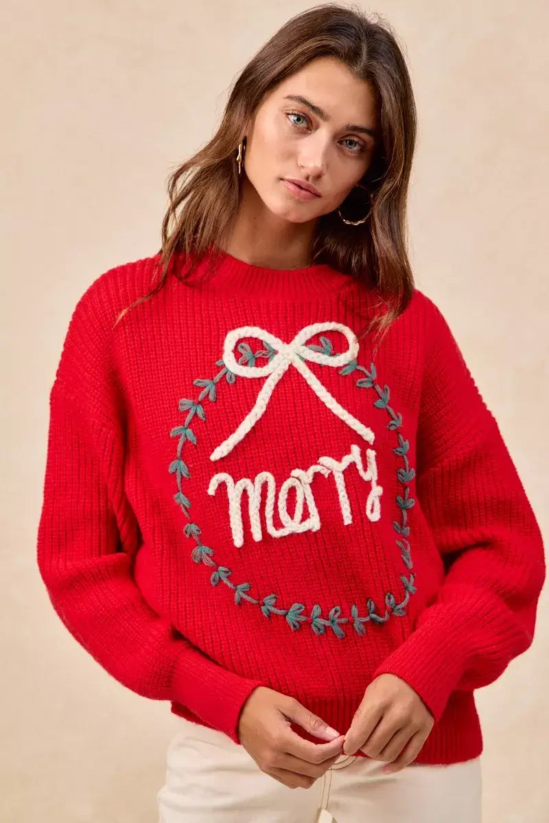 Red Christmas Wreath Merry Letter Knit Top - Festive Style, Sweaters, $ 55.00, A Moment Of Now™
