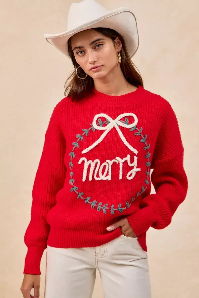 Red Christmas Wreath Merry Letter Knit Top - Festive Style, Sweaters, $ 55.00, A Moment Of Now™