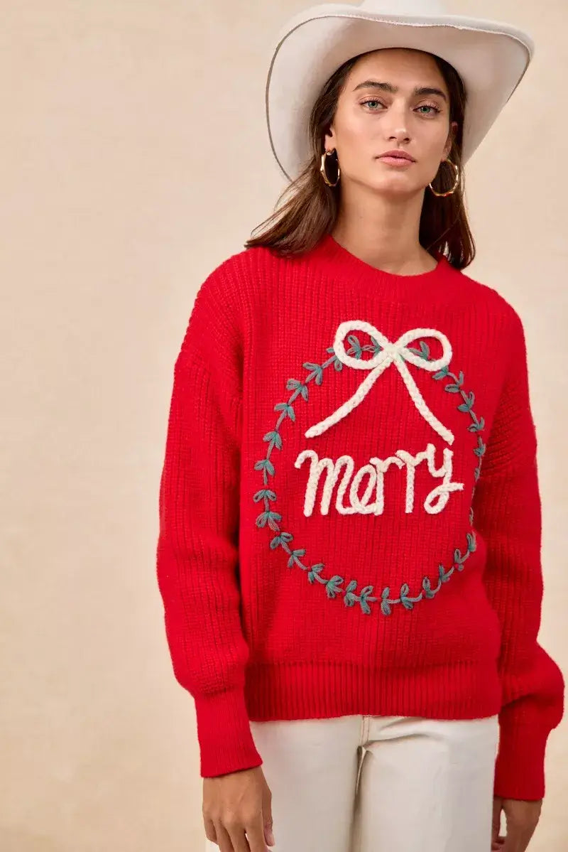 Red Christmas Wreath Merry Letter Knit Top - Festive Style, Sweaters, $ 55.00, A Moment Of Now™