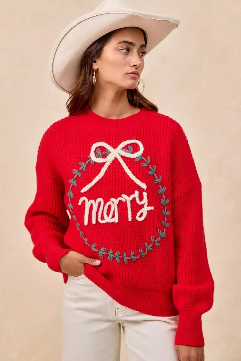 Red Christmas Wreath Merry Letter Knit Top - Festive Style, Sweaters, $ 55.00, A Moment Of Now™