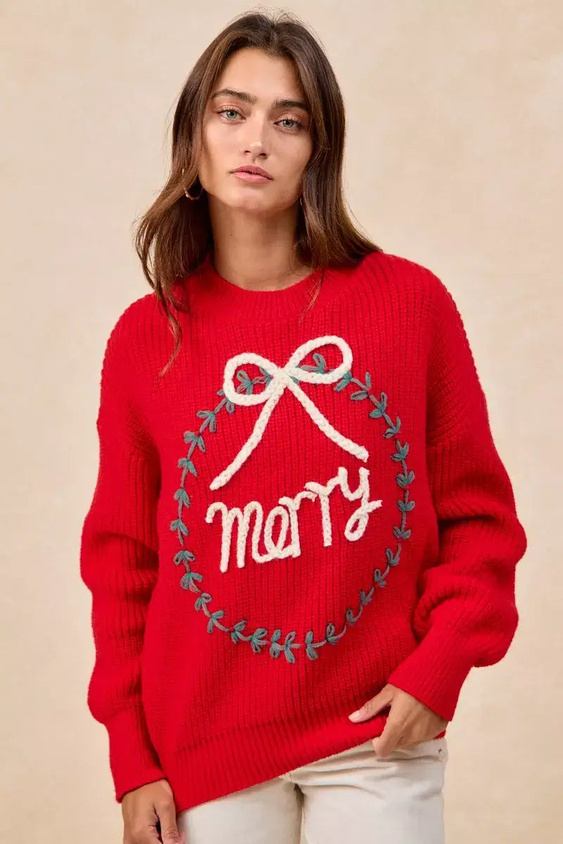 Red Christmas Wreath Merry Letter Knit Top - Festive Style, Sweaters, $ 55.00, A Moment Of Now™