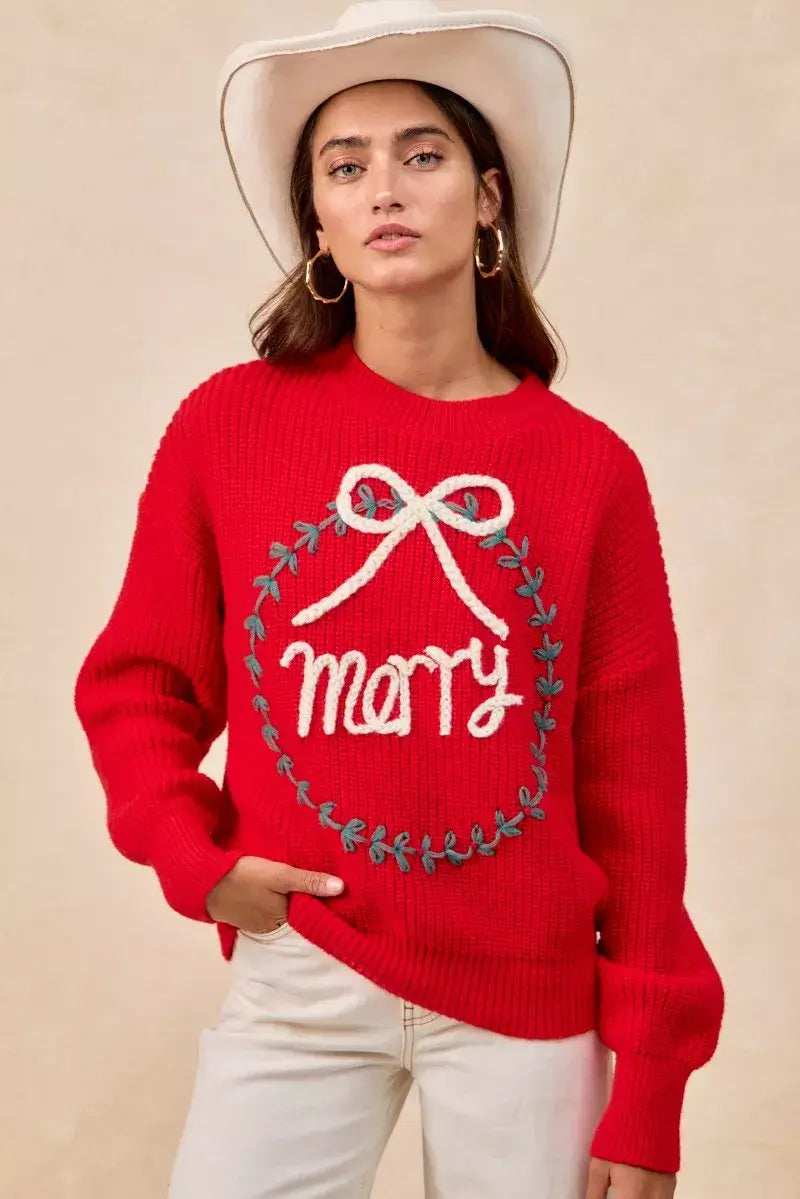 Red Christmas Wreath Merry Letter Knit Top - Festive Style, Sweaters, $ 55.00, A Moment Of Now™
