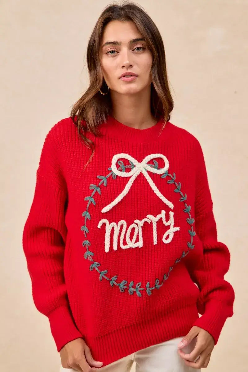 Red Christmas Wreath Merry Letter Knit Top - Festive Style, Sweaters, $ 55.00, A Moment Of Now™