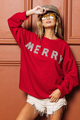 Red Merry Glitter Christmas Drop Shoulder Top - Festive Style, Tops, $ 50.00, A Moment Of Now™
