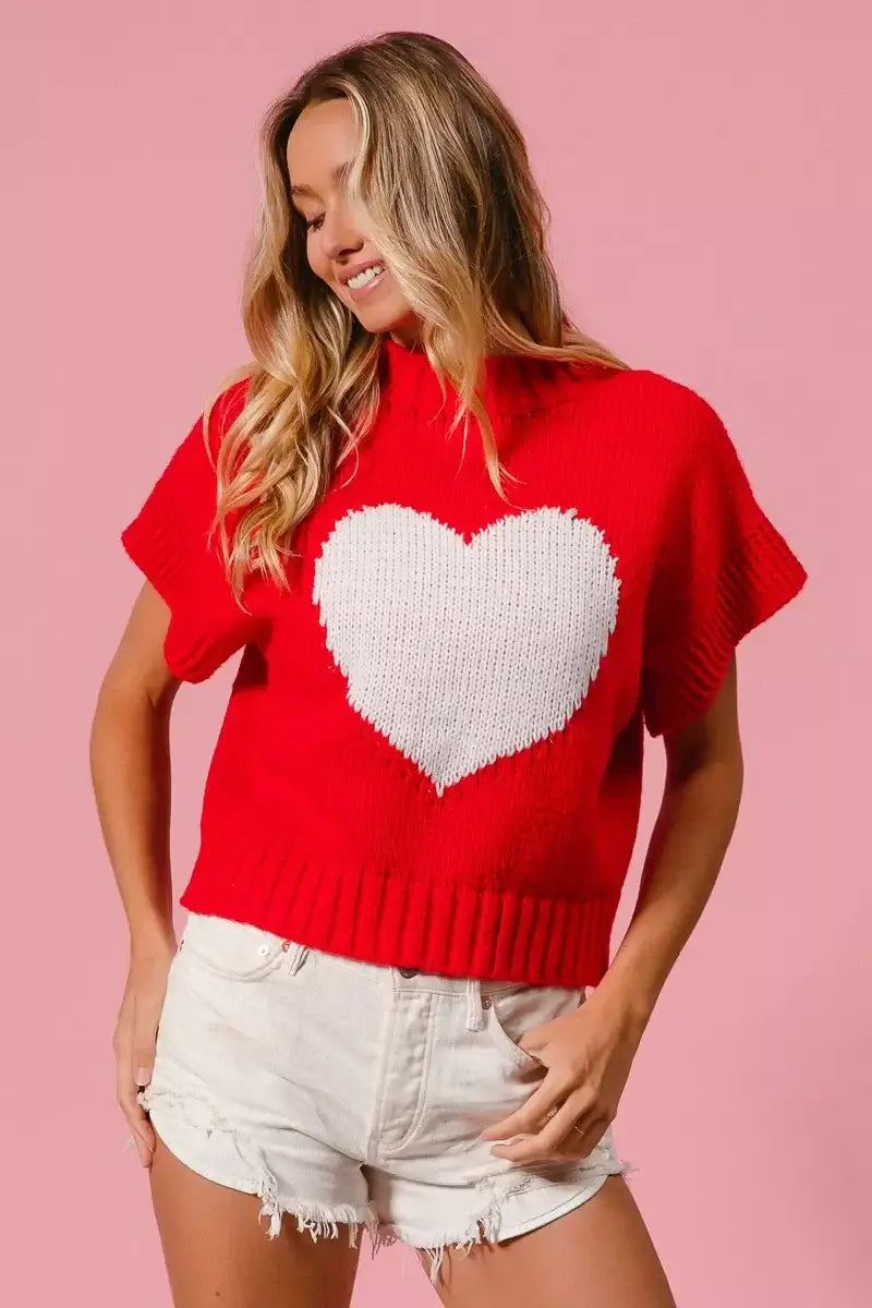 Red Rib Banded Heart Pattern Valentines Sweater - Cozy Charm, Sweaters, $ 49.00, A Moment Of Now™