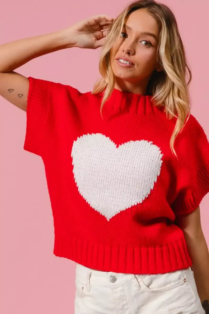 Red Rib Banded Heart Pattern Valentines Sweater - Cozy Charm, Sweaters, $ 49.00, A Moment Of Now™
