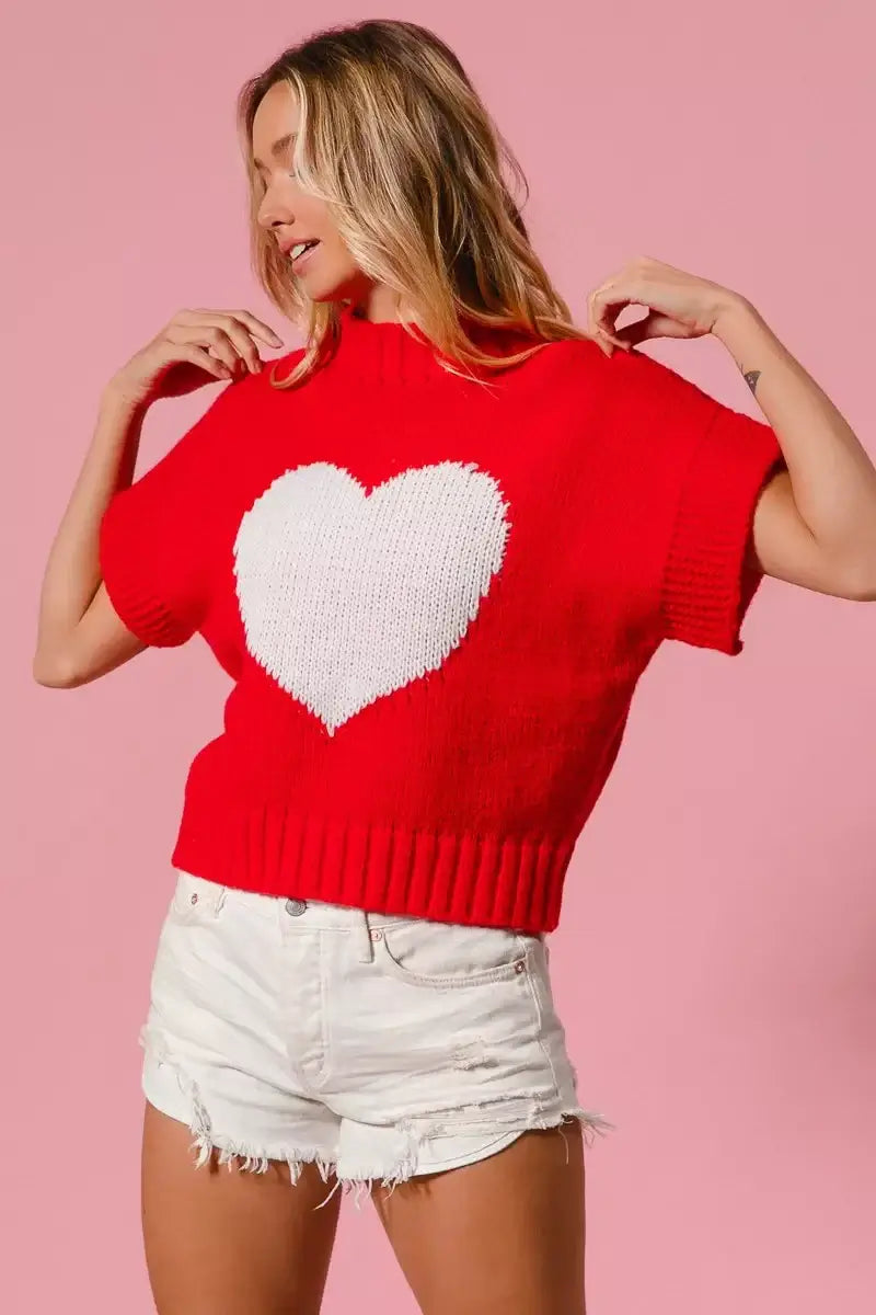 Red Rib Banded Heart Pattern Valentines Sweater - Cozy Charm, Sweaters, $ 49.00, A Moment Of Now™