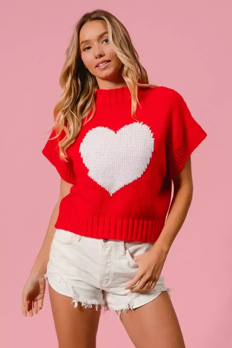 Red Rib Banded Heart Pattern Valentines Sweater - Cozy Charm, Sweaters, $ 49.00, A Moment Of Now™