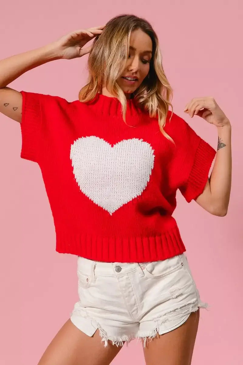 Red Rib Banded Heart Pattern Valentines Sweater - Cozy Charm, Sweaters, $ 49.00, A Moment Of Now™