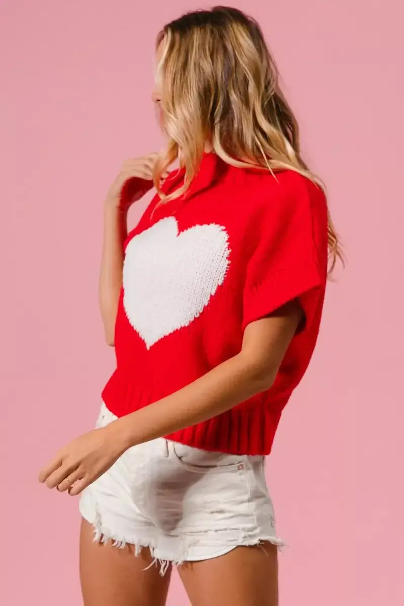 Red Rib Banded Heart Pattern Valentines Sweater - Cozy Charm, Sweaters, $ 49.00, A Moment Of Now™