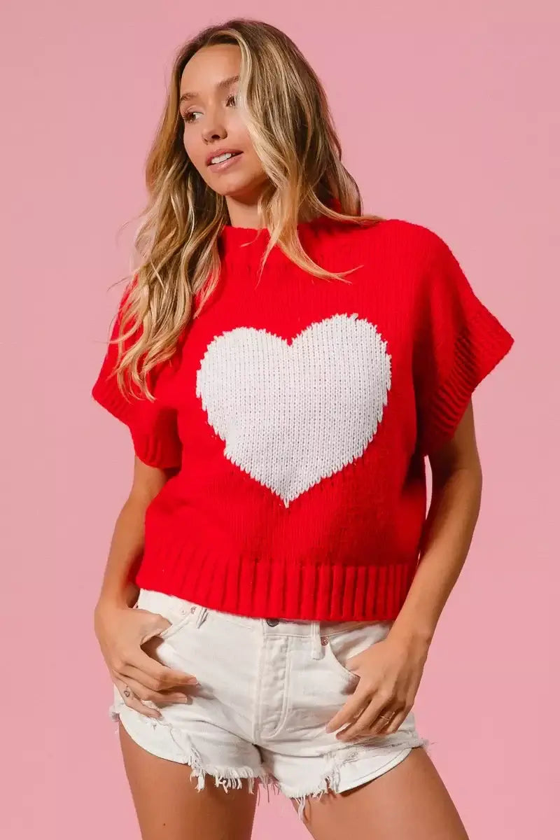 Red Rib Banded Heart Pattern Valentines Sweater - Cozy Charm, Sweaters, $ 49.00, A Moment Of Now™