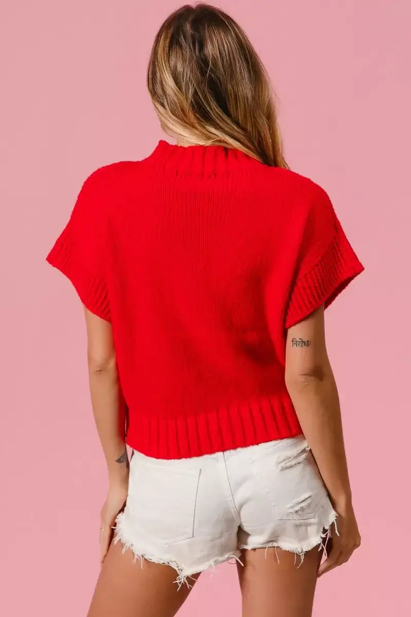 Red Rib Banded Heart Pattern Valentines Sweater - Cozy Charm, Sweaters, $ 49.00, A Moment Of Now™