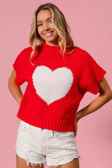 Red Rib Banded Heart Pattern Valentines Sweater - Cozy Charm, Sweaters, $ 49.00, A Moment Of Now™