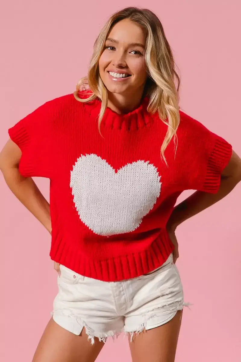 Red Rib Banded Heart Pattern Valentines Sweater - Cozy Charm, Sweaters, $ 49.00, A Moment Of Now™