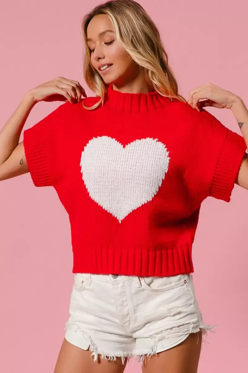 Red Rib Banded Heart Pattern Valentines Sweater - Cozy Charm, Sweaters, $ 49.00, A Moment Of Now™