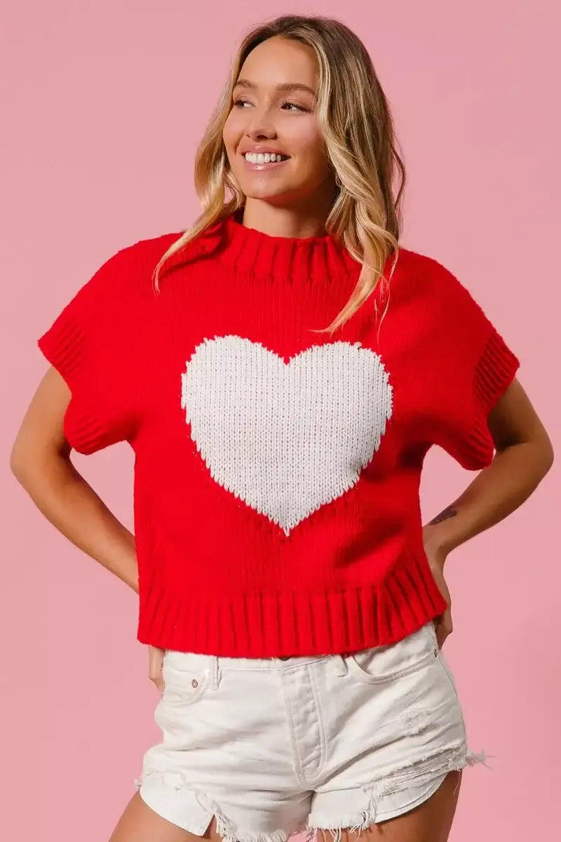Red Rib Banded Heart Pattern Valentines Sweater - Cozy Charm, Sweaters, $ 49.00, A Moment Of Now™
