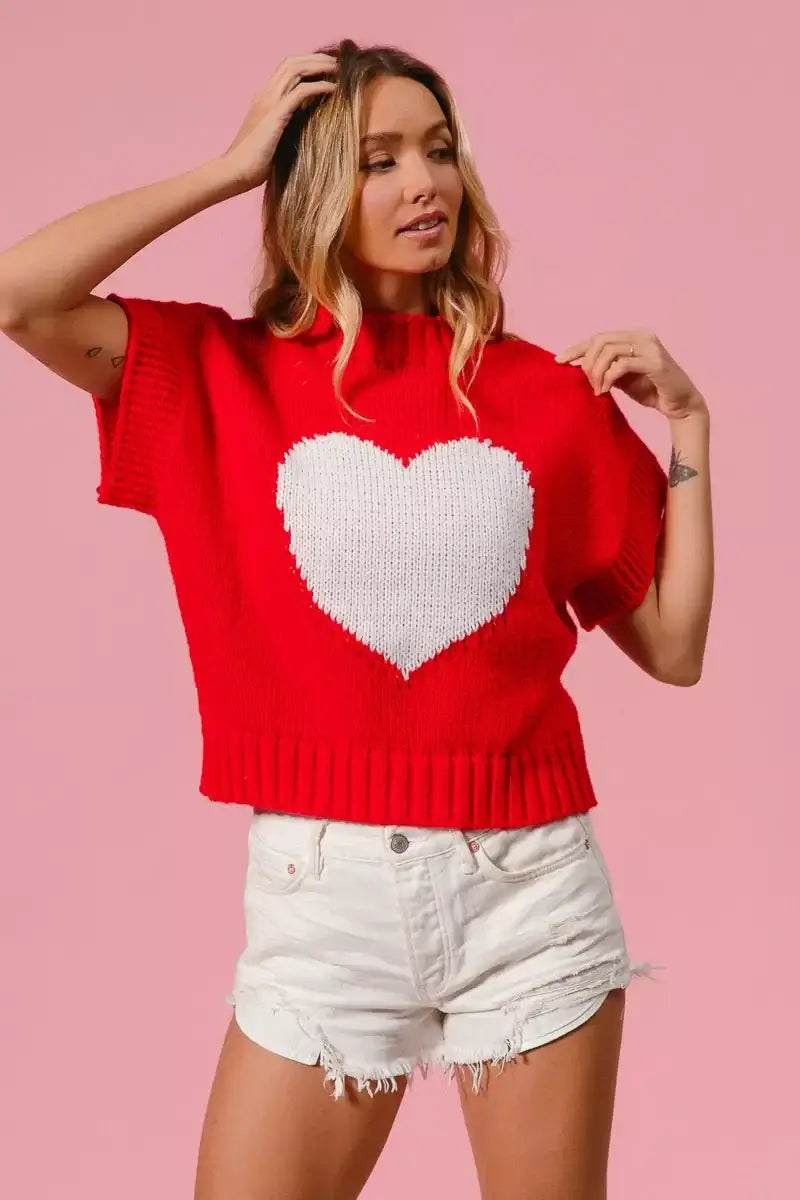 Red Rib Banded Heart Pattern Valentines Sweater - Cozy Charm, Sweaters, $ 49.00, A Moment Of Now™