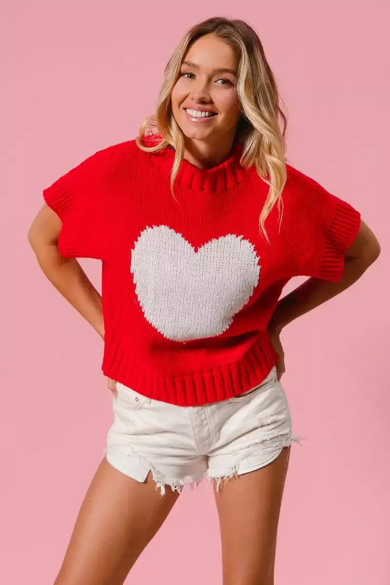 Red Rib Banded Heart Pattern Valentines Sweater - Cozy Charm, Sweaters, $ 49.00, A Moment Of Now™