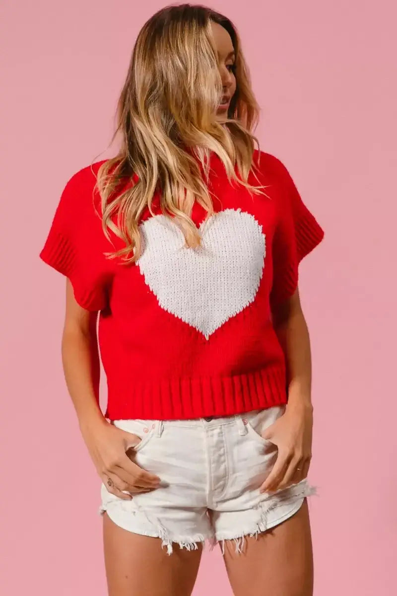 Red Rib Banded Heart Pattern Valentines Sweater - Cozy Charm, Sweaters, $ 49.00, A Moment Of Now™