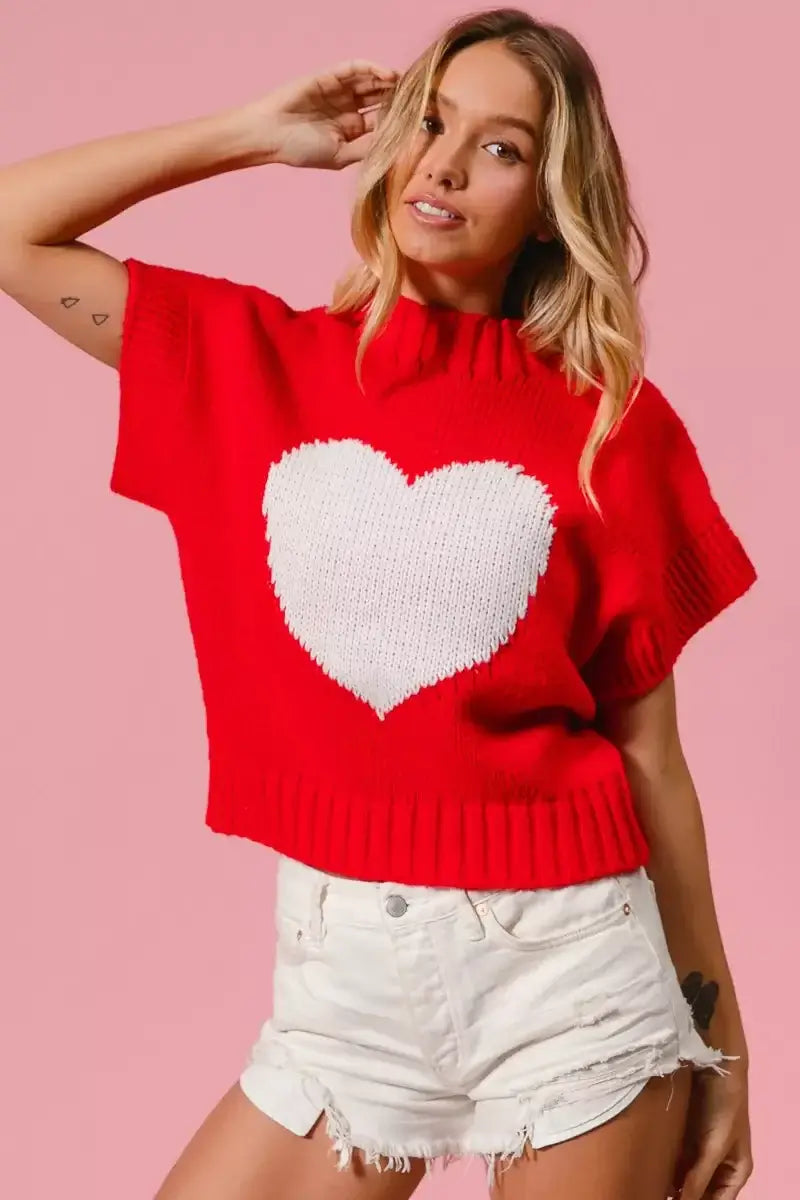 Red Rib Banded Heart Pattern Valentines Sweater - Cozy Charm, Sweaters, $ 49.00, A Moment Of Now™