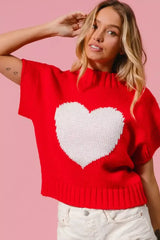 Red Rib Banded Heart Pattern Valentines Sweater - Cozy Charm, Sweaters, $ 49.00, A Moment Of Now™