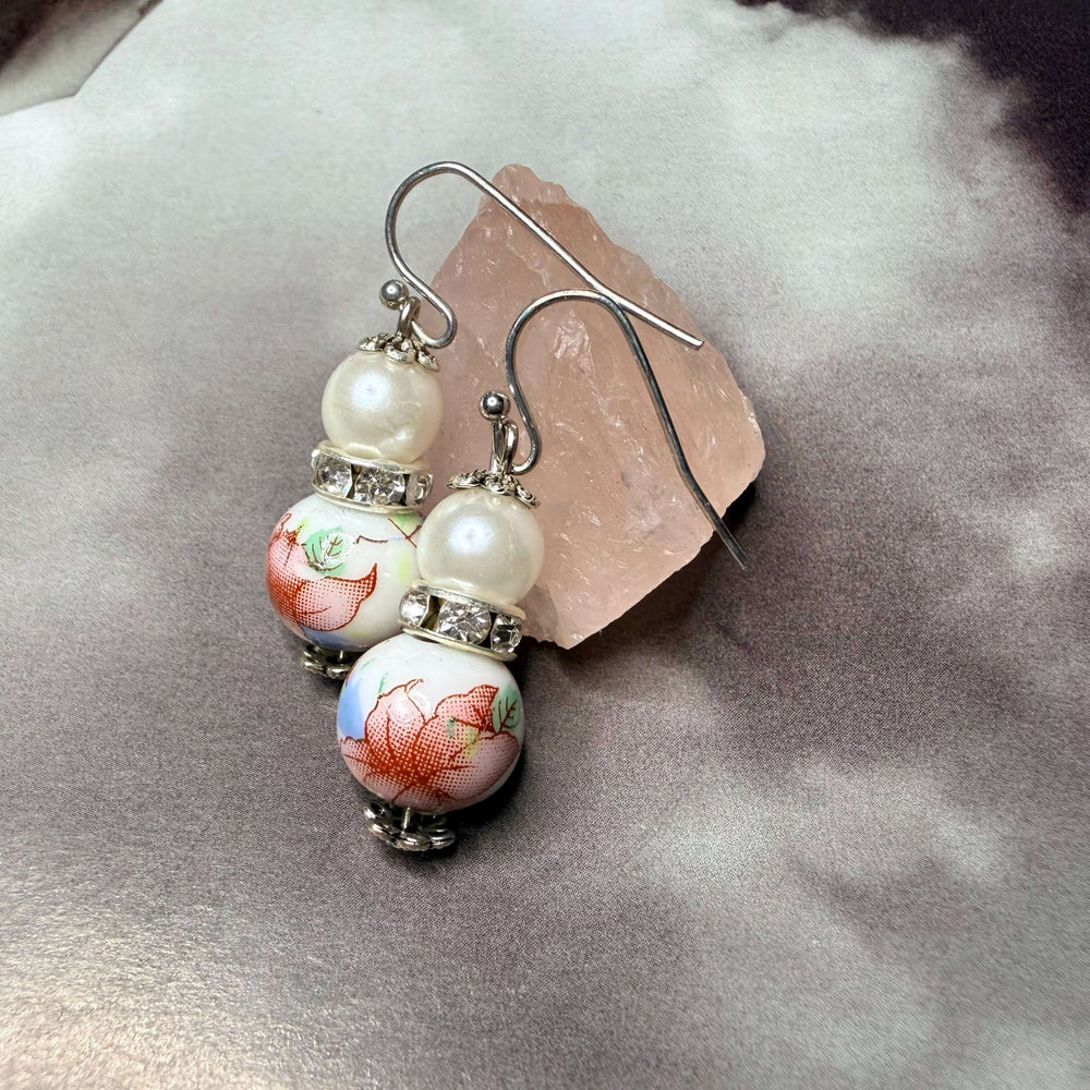 Red Lily Floral Glass Pearl Drop Dangle Earrings | Vintage Bohemian, Earrings, $ 19.95, A Moment Of Now™