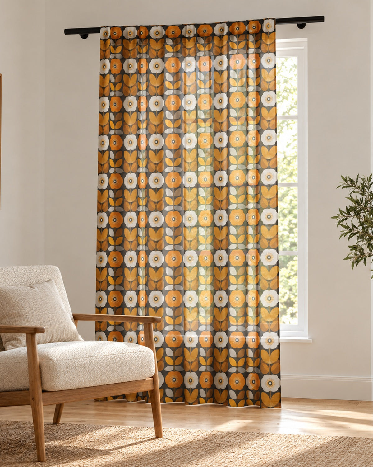 Retro Floral Sheer Curtain — Mid-Century Orange Tulip Window Panel