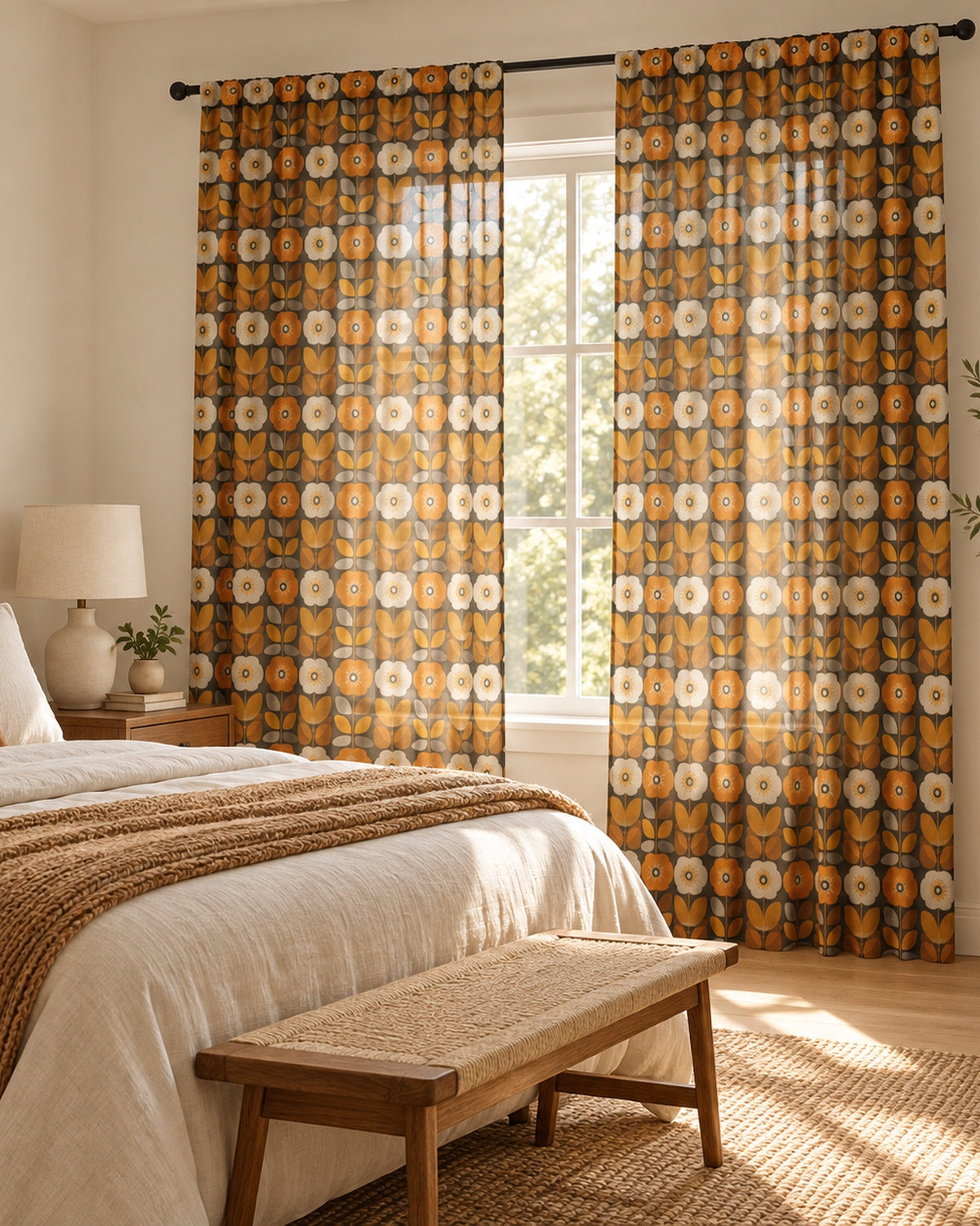 Retro Floral Sheer Curtain — Mid-Century Orange Tulip Window Panel
