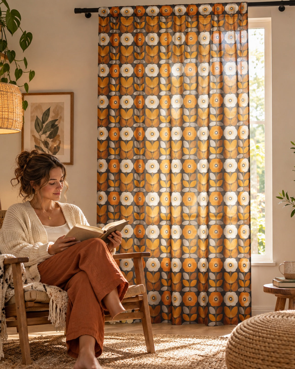 Retro Floral Sheer Curtain — Mid-Century Orange Tulip Window Panel