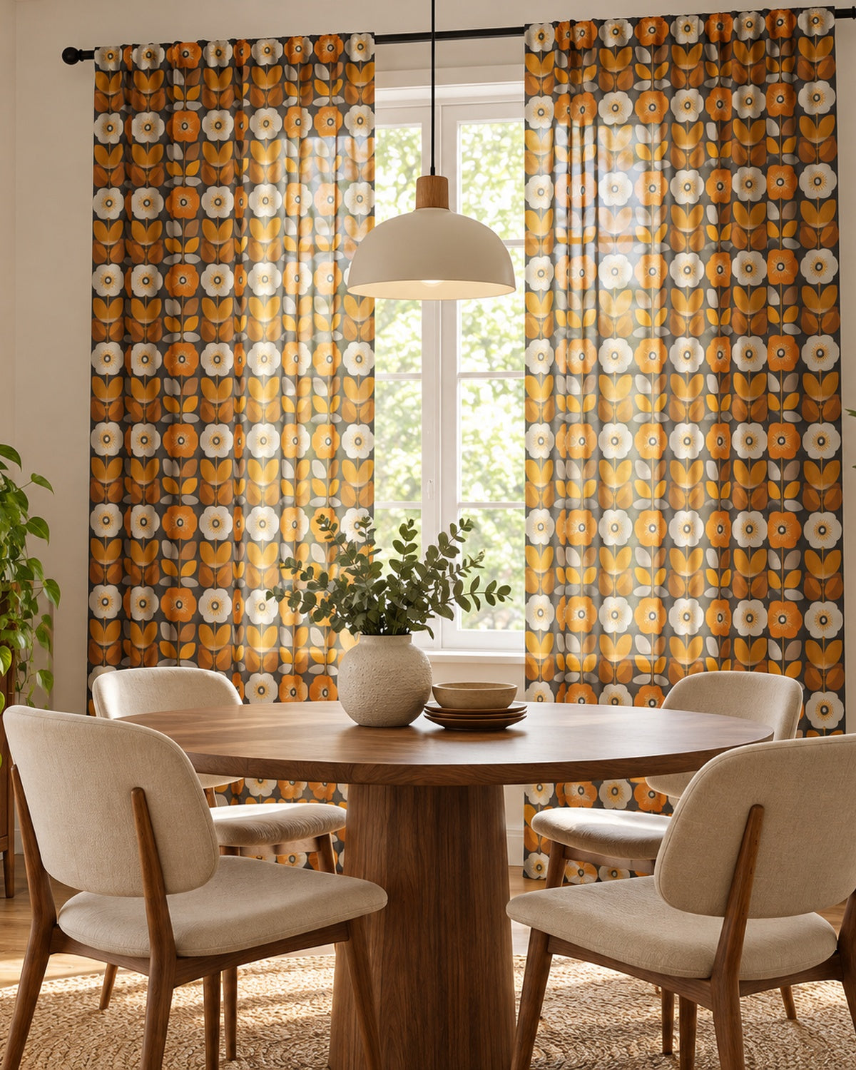 Retro Floral Sheer Curtain — Mid-Century Orange Tulip Window Panel