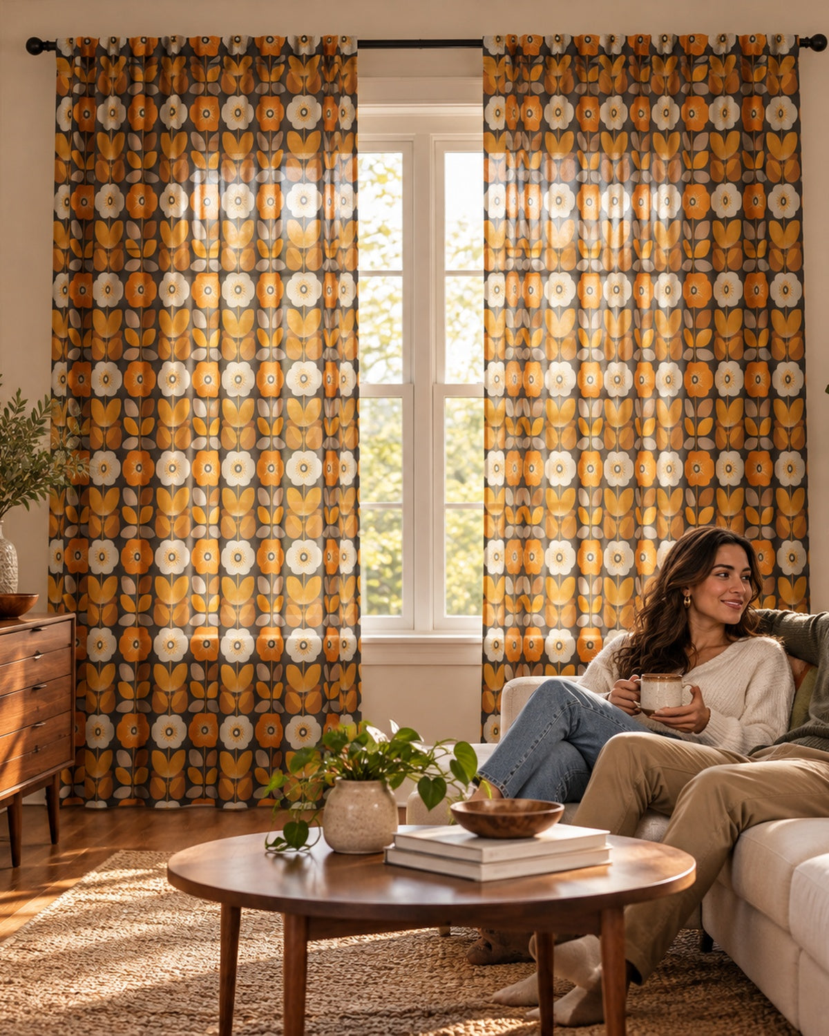 Retro Floral Sheer Curtain — Mid-Century Orange Tulip Window Panel