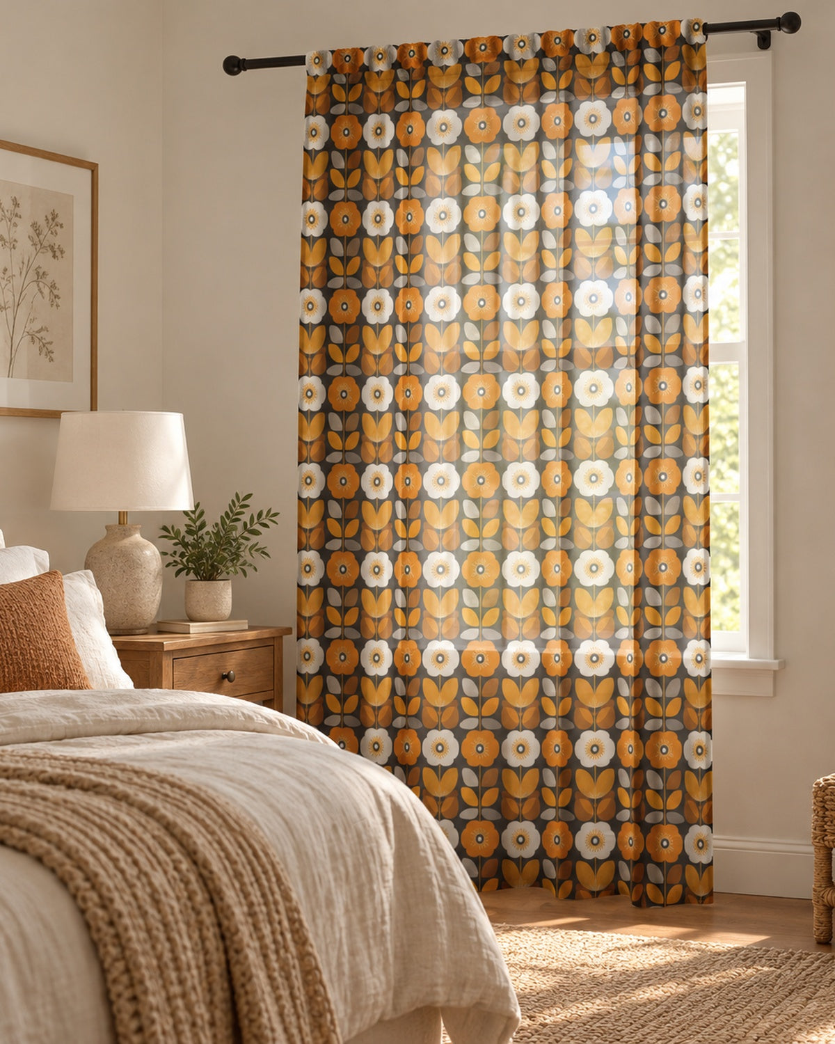 Retro Floral Sheer Curtain — Mid-Century Orange Tulip Window Panel