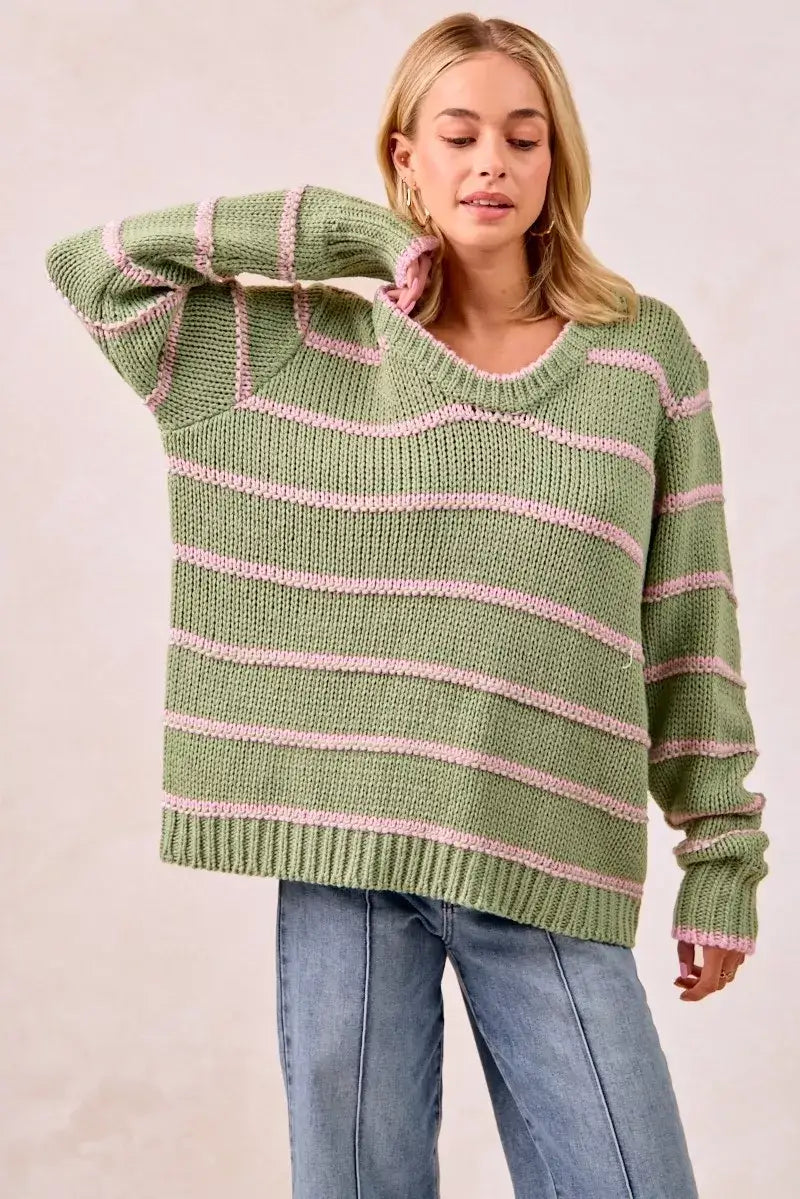 Sage Green Striped Long Sleeve Sweater - Cozy & Stylish, Sweaters, $ 56.00, A Moment Of Now™