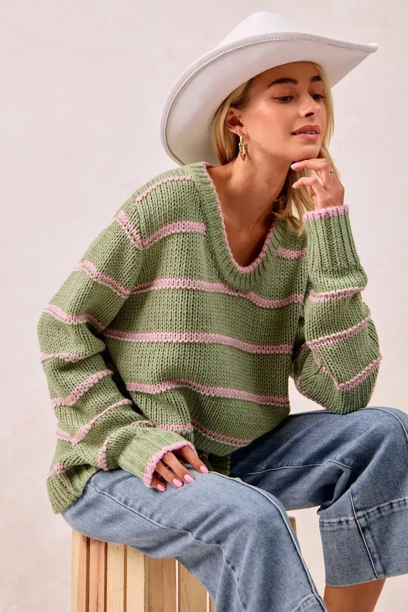 Sage Green Striped Long Sleeve Sweater - Cozy & Stylish, Sweaters, $ 56.00, A Moment Of Now™