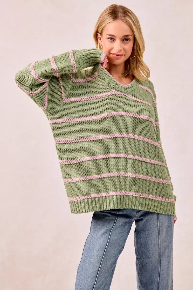 Sage Green Striped Long Sleeve Sweater - Cozy & Stylish, Sweaters, $ 56.00, A Moment Of Now™