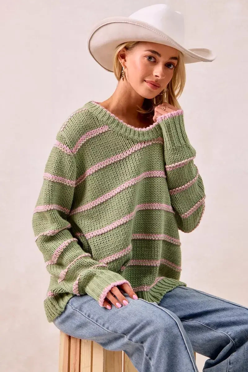 Sage Green Striped Long Sleeve Sweater - Cozy & Stylish, Sweaters, $ 56.00, A Moment Of Now™