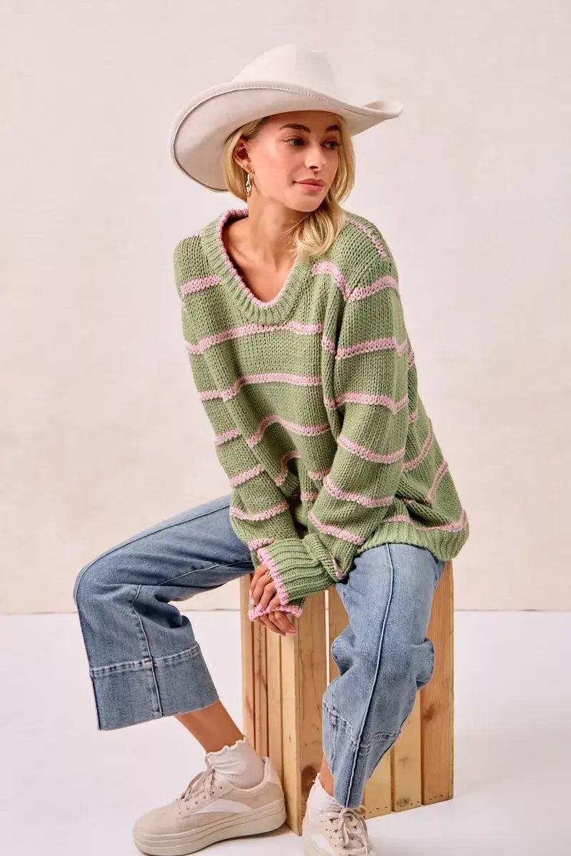 Sage Green Striped Long Sleeve Sweater - Cozy & Stylish, Sweaters, $ 56.00, A Moment Of Now™