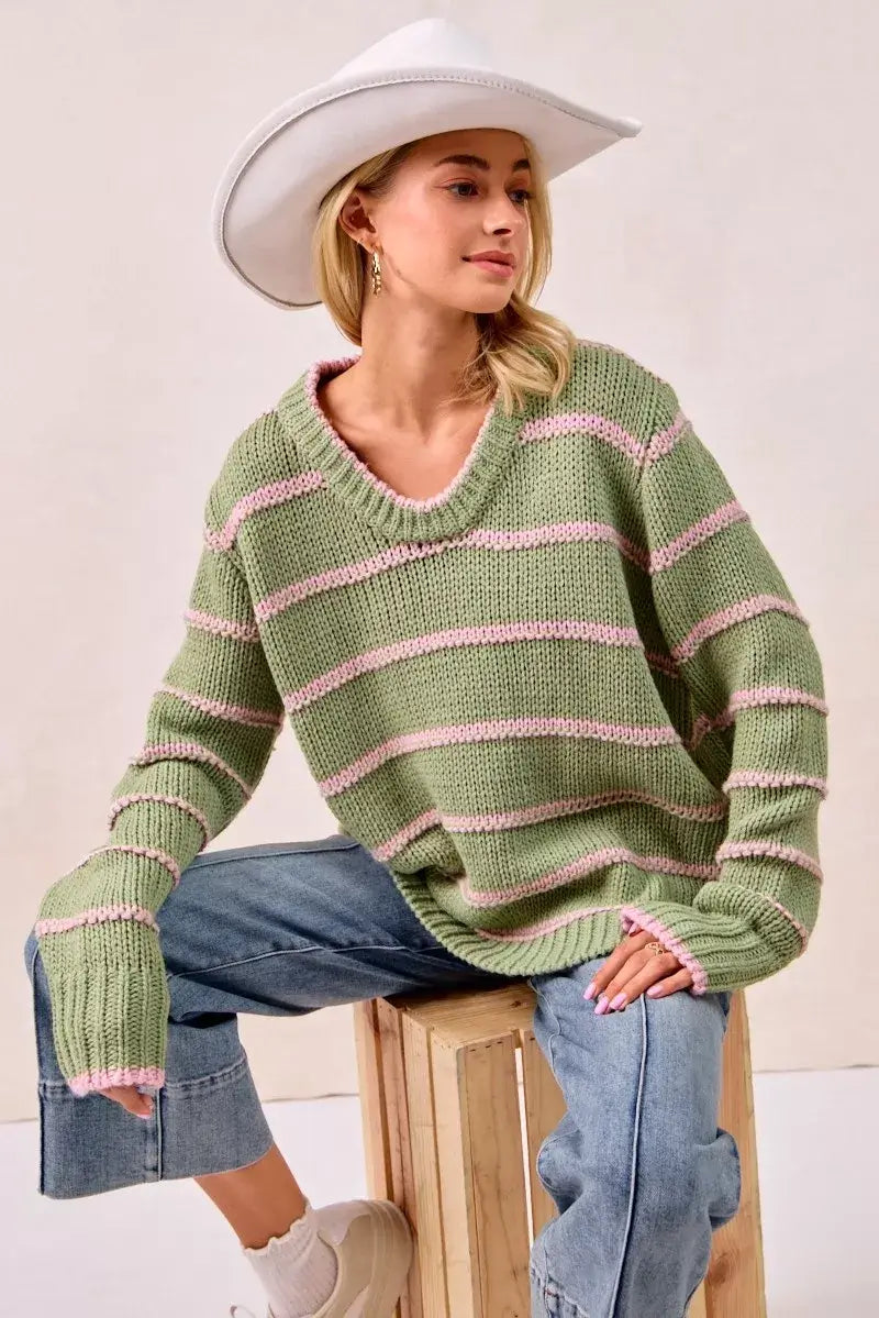 Sage Green Striped Long Sleeve Sweater - Cozy & Stylish, Sweaters, $ 56.00, A Moment Of Now™