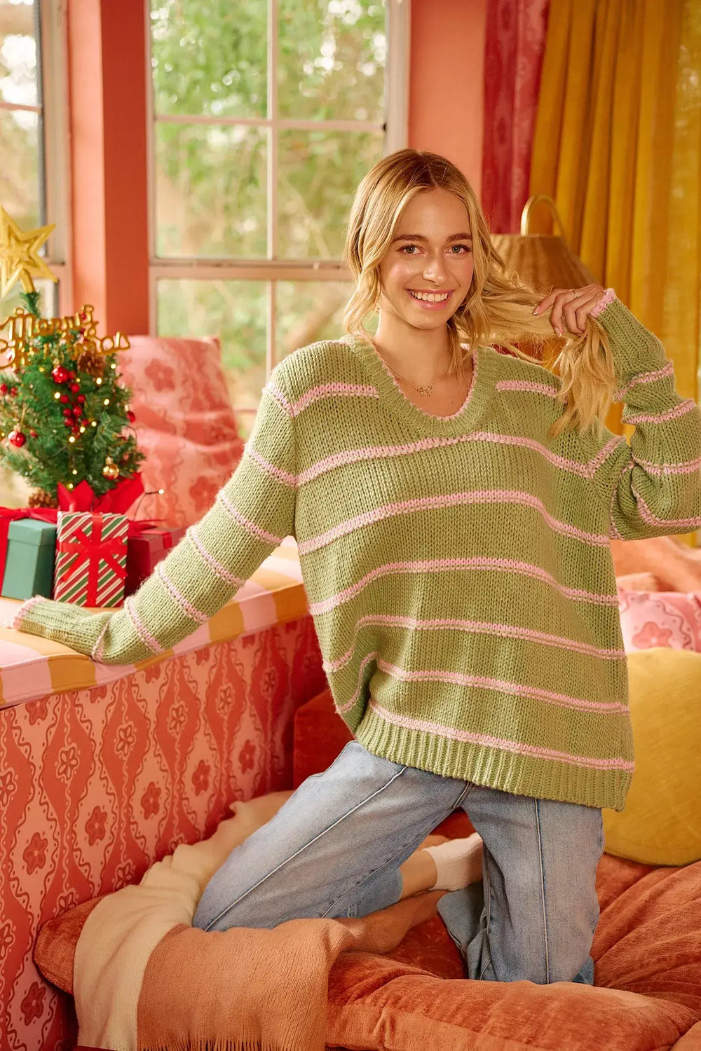 Sage Green Striped Long Sleeve Sweater - Cozy & Stylish, Sweaters, $ 56.00, A Moment Of Now™
