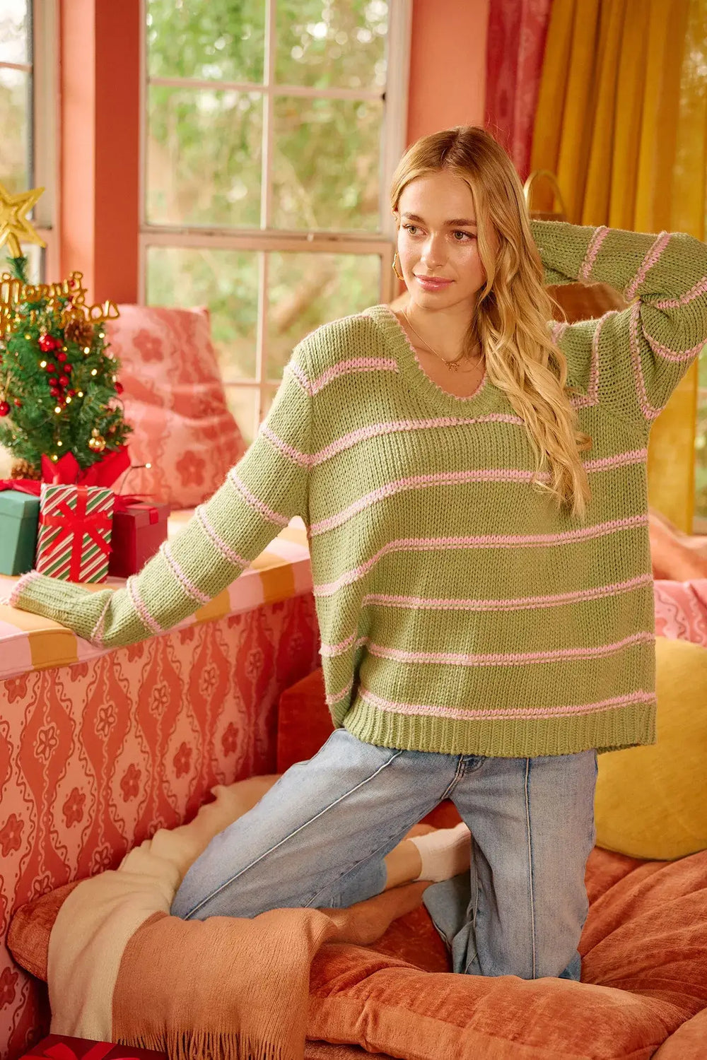 Sage Green Striped Long Sleeve Sweater - Cozy & Stylish, Sweaters, $ 56.00, A Moment Of Now™