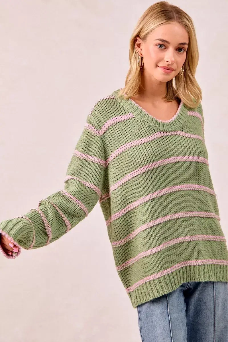 Sage Green Striped Long Sleeve Sweater - Cozy & Stylish, Sweaters, $ 56.00, A Moment Of Now™