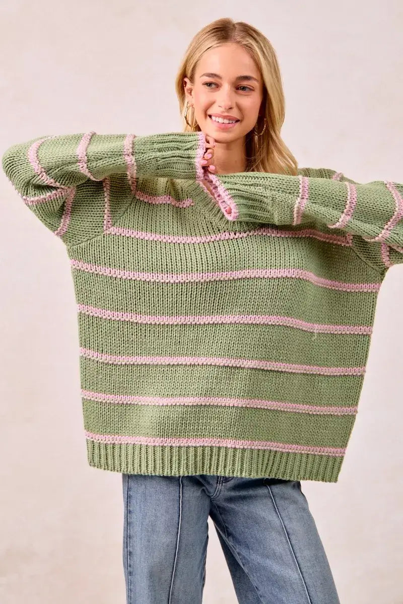 Sage Green Striped Long Sleeve Sweater - Cozy & Stylish, Sweaters, $ 56.00, A Moment Of Now™