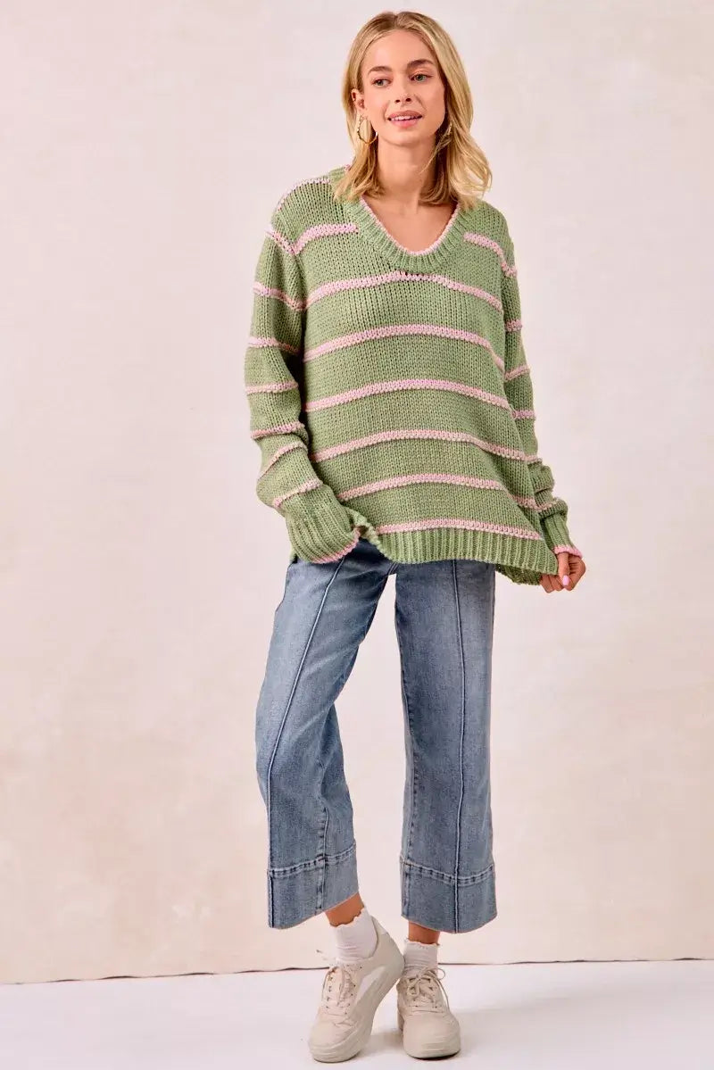 Sage Green Striped Long Sleeve Sweater - Cozy & Stylish, Sweaters, $ 56.00, A Moment Of Now™