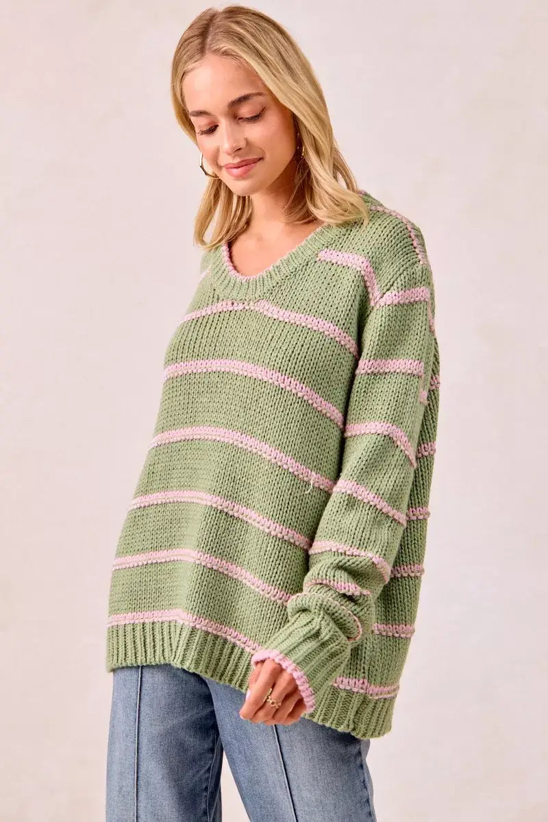 Sage Green Striped Long Sleeve Sweater - Cozy & Stylish, Sweaters, $ 56.00, A Moment Of Now™