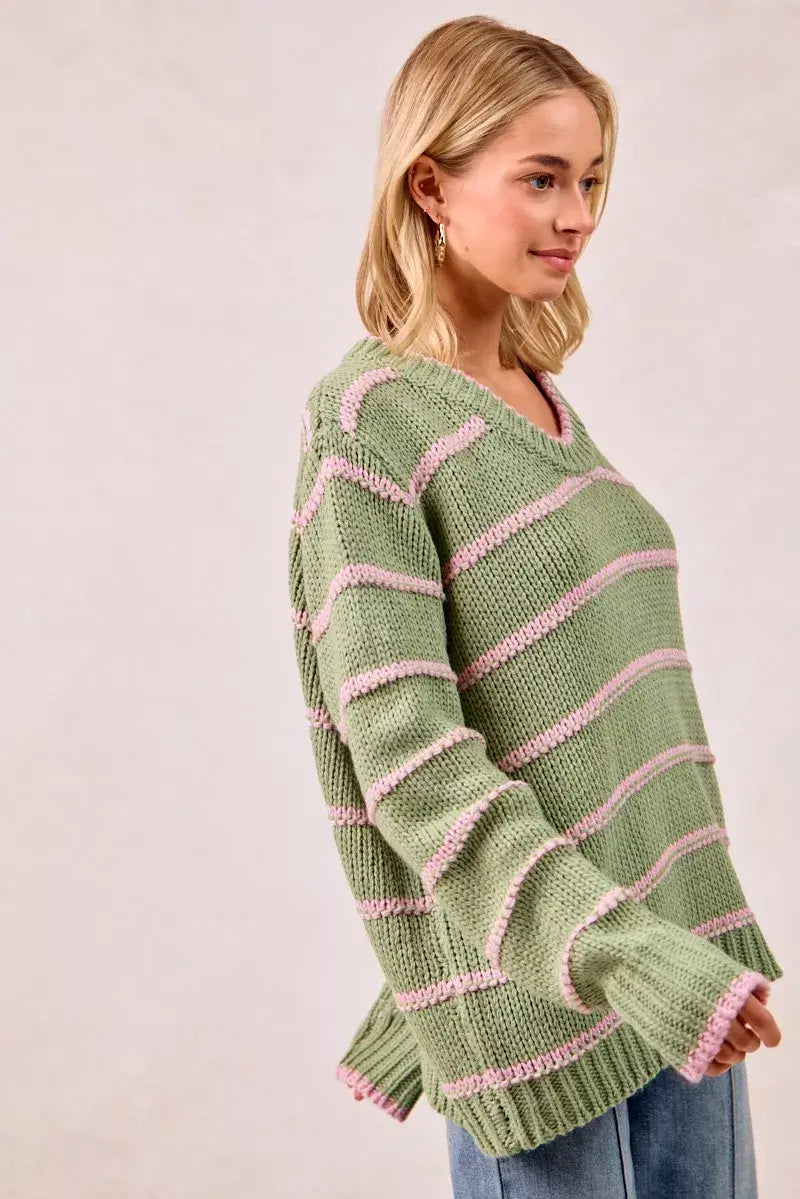 Sage Green Striped Long Sleeve Sweater - Cozy & Stylish, Sweaters, $ 56.00, A Moment Of Now™