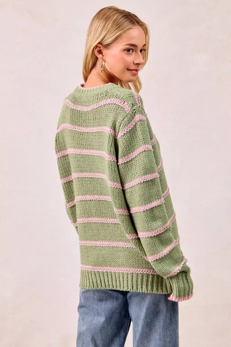 Sage Green Striped Long Sleeve Sweater - Cozy & Stylish, Sweaters, $ 56.00, A Moment Of Now™